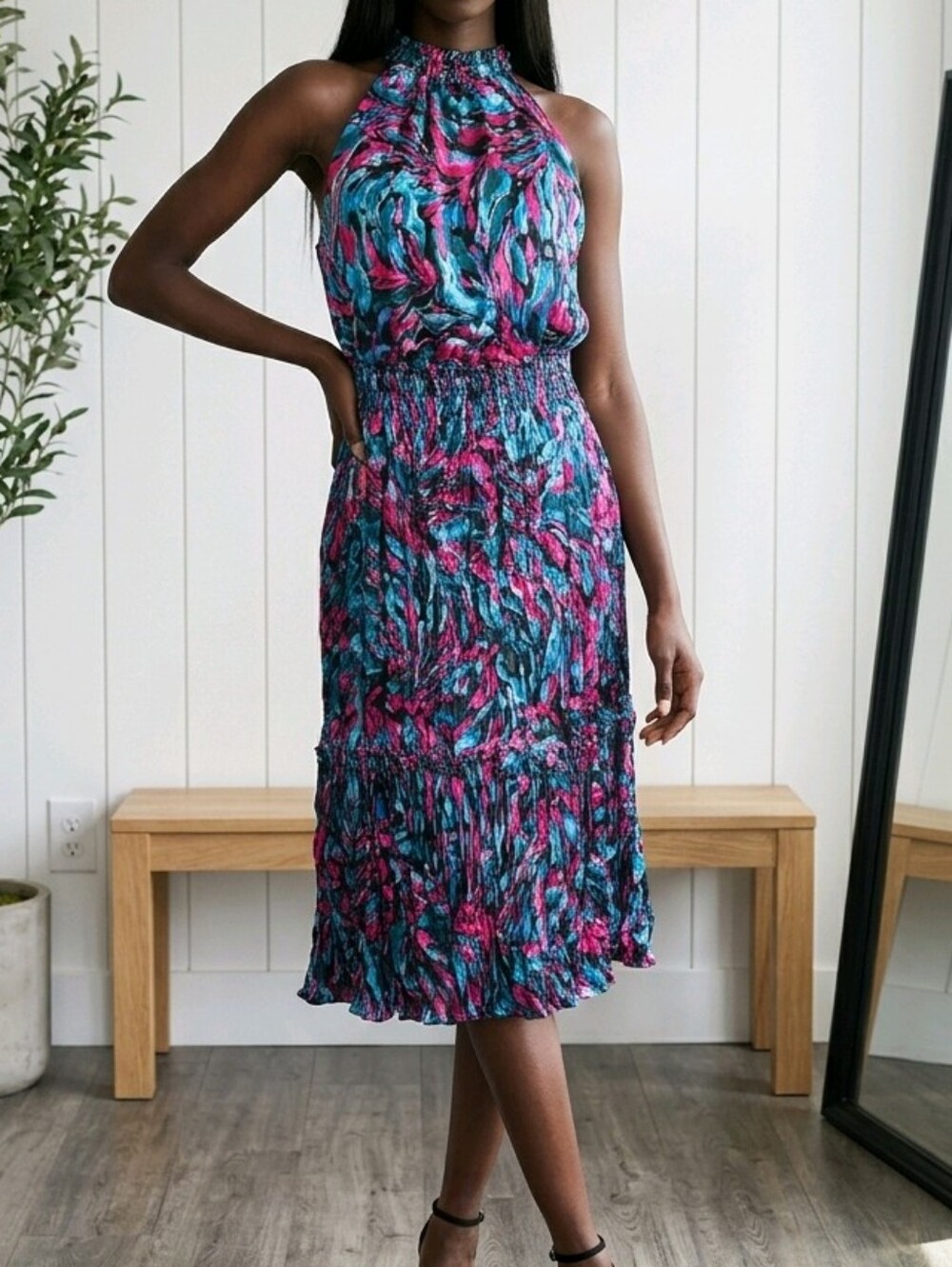 Nicole Miller Teal & Magenta Halter Midi Dress